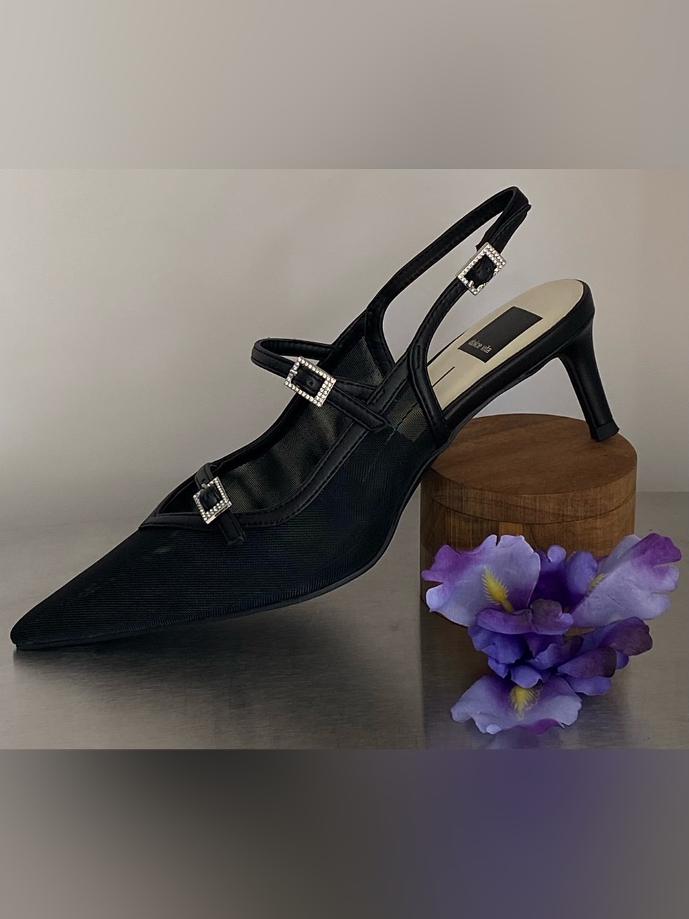 DOLCE VITA BLACK MESH KITTEN HEEL SLINGBACK PUMPS WITH RHINESTONE BUCKLES